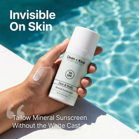 Clean + Kind sunscreen in a beach setting showing active-day durability