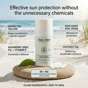 Clean + Kind sunscreen texture close-up showing smooth non-greasy finish
