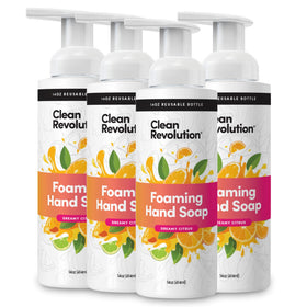 Clean Revolution front packaging showing four 14 oz refill bottles and clear labeling benefiting convenience