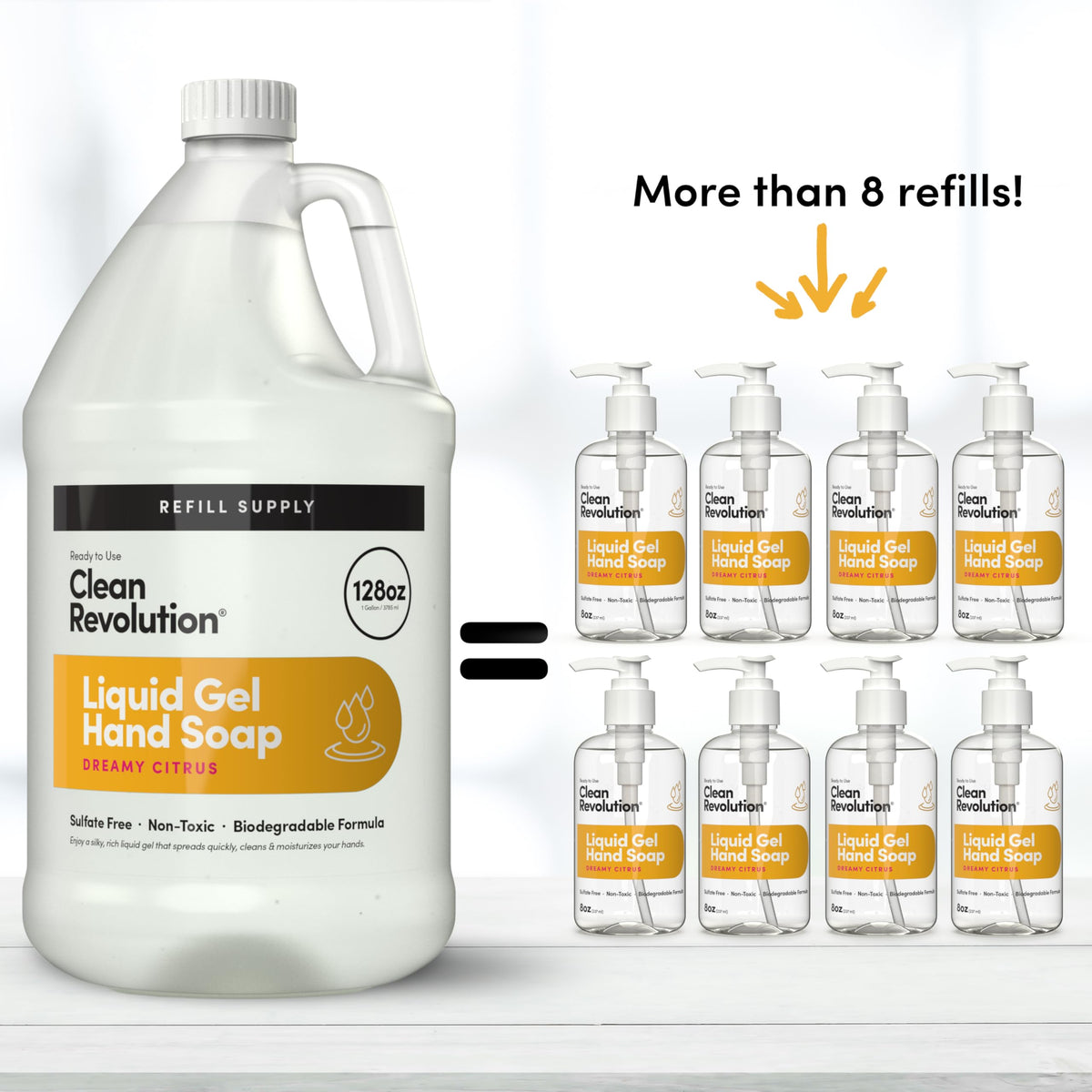 Clean Revolution gel pouring from bottle to show smooth texture and easy use