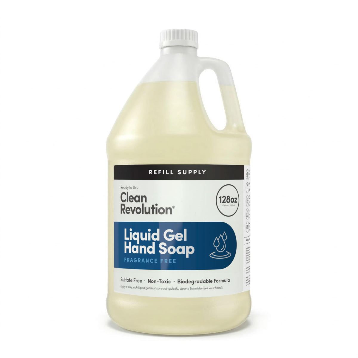 Clean Revolution front label on 128 oz refill highlighting unscented benefit