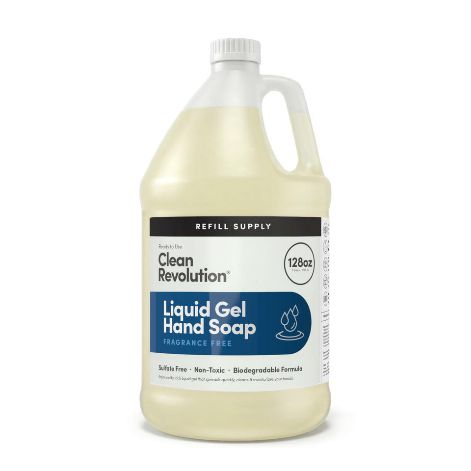 Clean Revolution front label on 128 oz refill highlighting unscented benefit