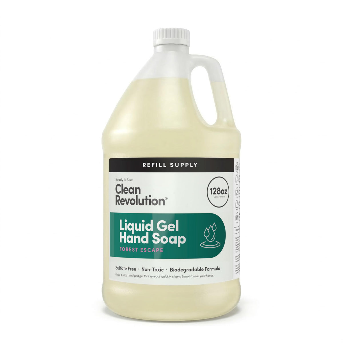 Clean Revolution front label on 128 oz refill jug showing product name and scent benefits