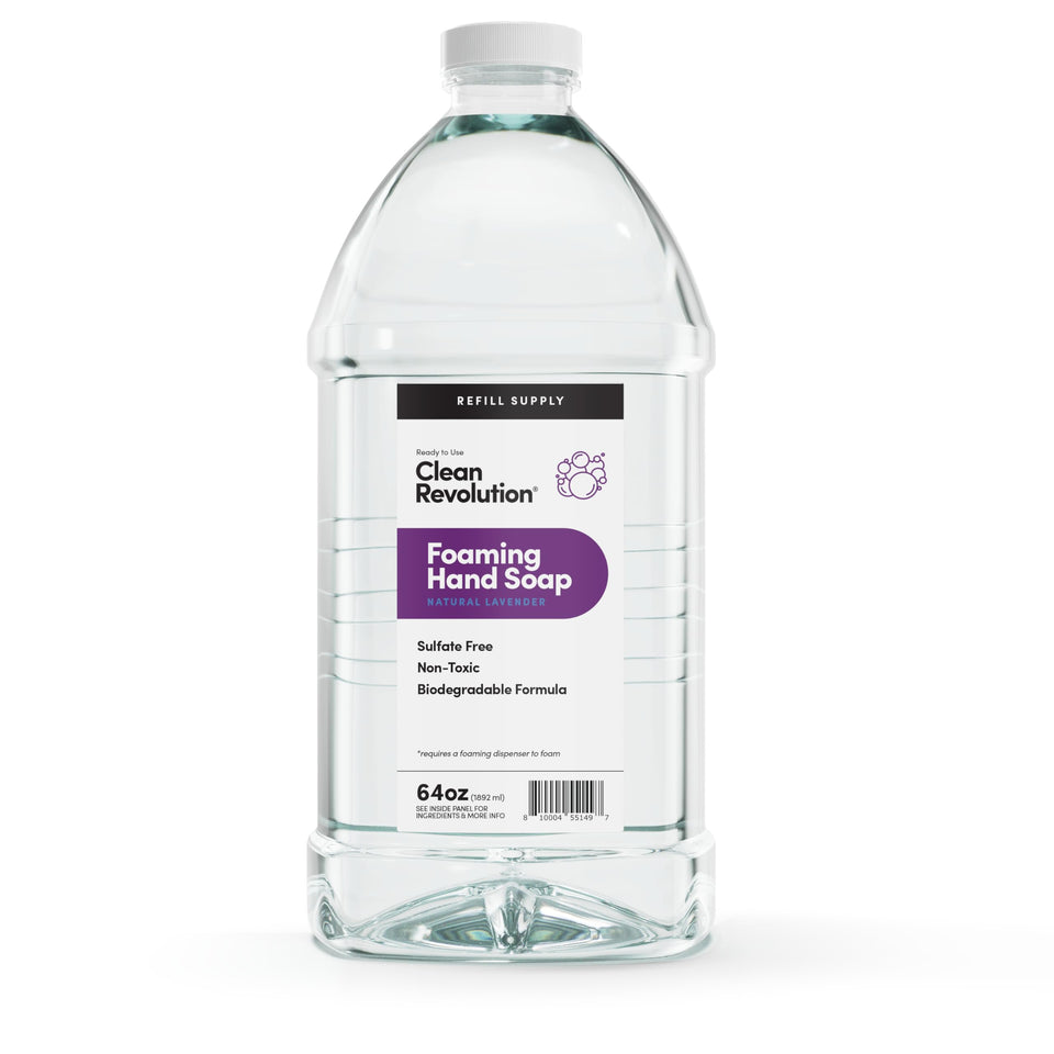 Clean Revolution front label of 64oz refill showing product information and lavender benefit