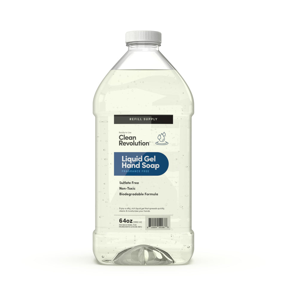 Clean Revolution front label on 64 oz refill showing product benefits