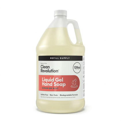 Clean Revolution front label showing geranium mint scent and refill benefits