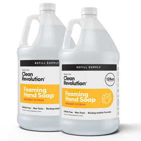 Clean Revolution front packaging showing Dreamy Citrus gallon and refill benefit