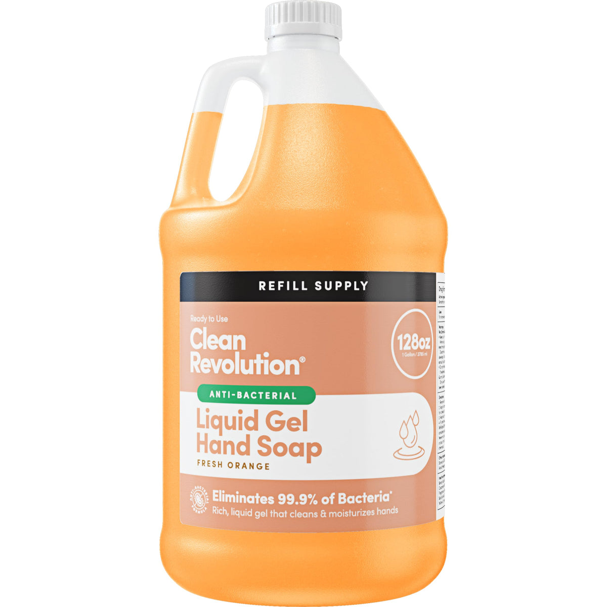 Clean Revolution front packaging gallon showing recyclable label and benefits