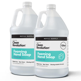 Clean Revolution front packaging showing label and 128 fl oz size, clear branding and refill benefit