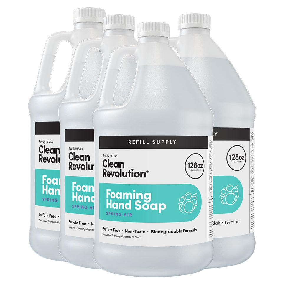 Clean Revolution front packaging showing Spring Air gallon and clear labeling for bulk refills