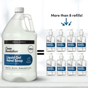 Clean Revolution being poured into dispenser showing refill convenience