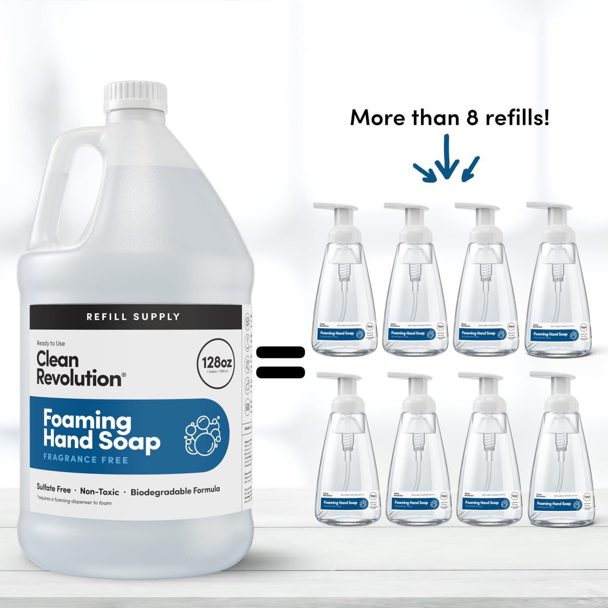 Clean Revolution pouring refill into dispenser with controlled pour to reduce spills