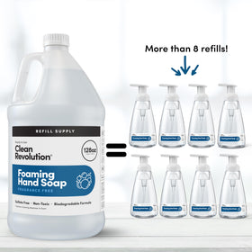 Clean Revolution pouring refill into dispenser with controlled pour to reduce spills
