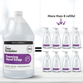 Clean Revolution being poured into dispenser demonstrating easy refill benefit