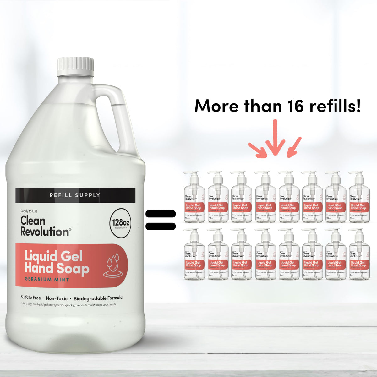 Clean Revolution pouring refill into a dispenser for easy restocking benefit