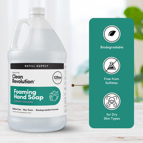 Clean Revolution gallon next to a 14oz dispenser to show refill capacity and value