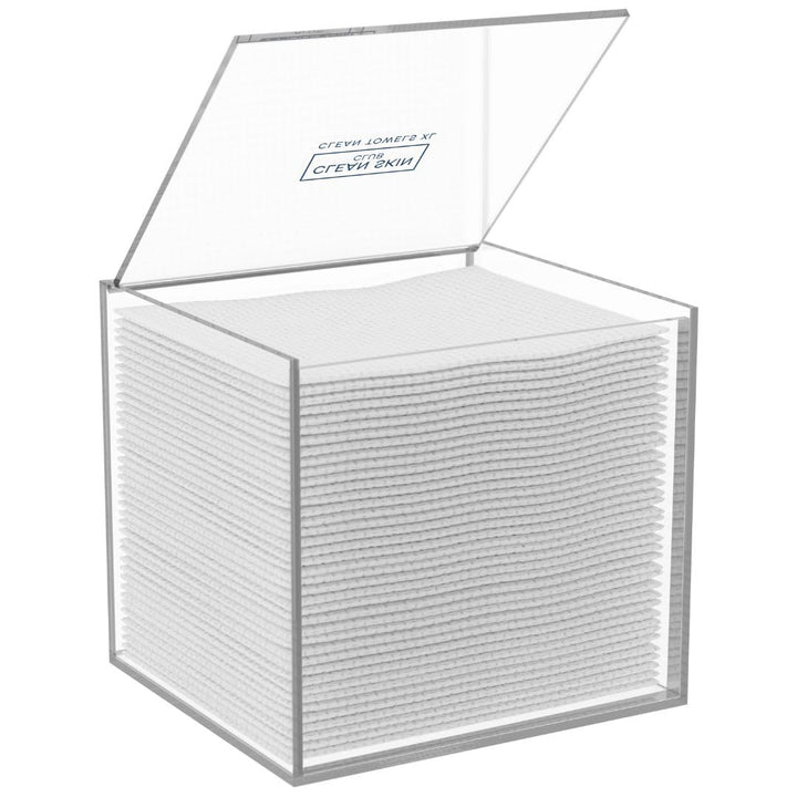 CLEAN SKIN CLUB front view of clear acrylic box showing minimalist storage benefit