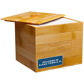 CLEAN SKIN CLUB bamboo container front view shows neat countertop storage benefit