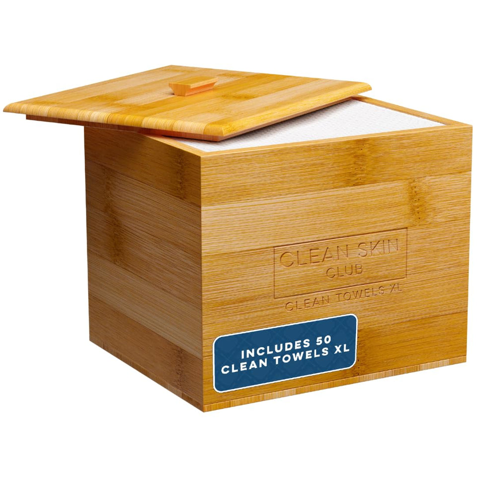 CLEAN SKIN CLUB bamboo container front view shows neat countertop storage benefit