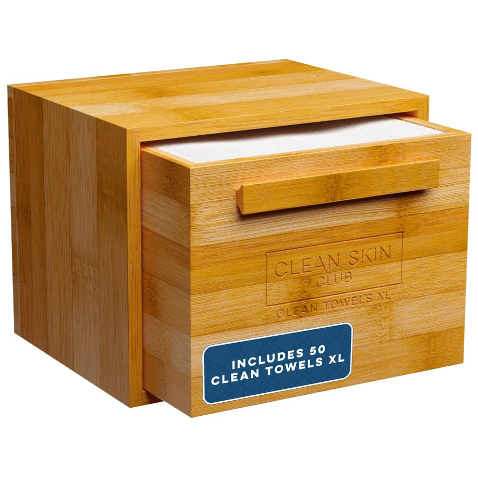 CLEAN SKIN CLUB bamboo drawer front showing clean design and organized dispensing