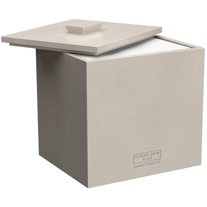 CLEAN SKIN CLUB front view taupe stone container shows sleek countertop storage benefit