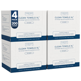 Clean Skin Club front packaging showing 4-pack and 200 towels benefit hygienic convenience