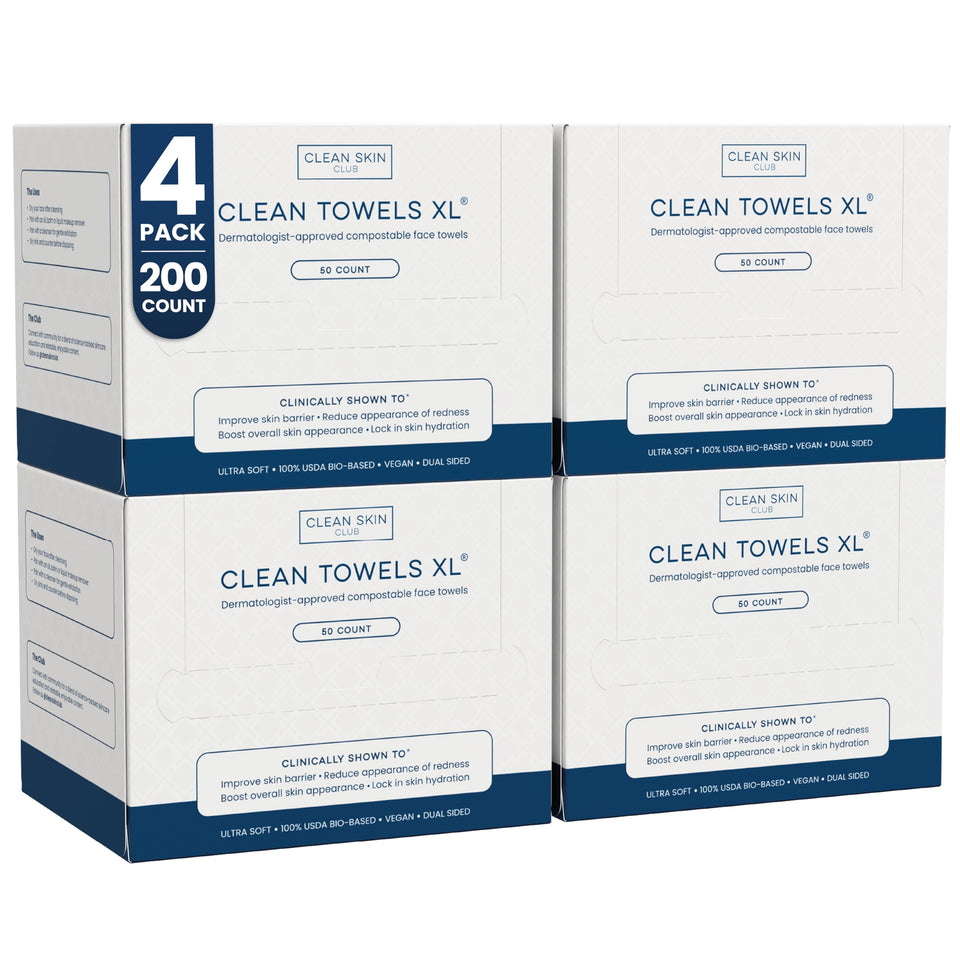 Clean Skin Club front packaging showing 4-pack and 200 towels benefit hygienic convenience