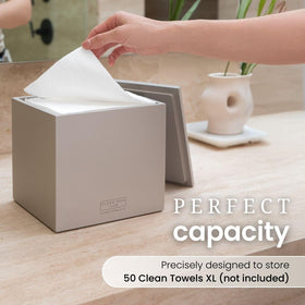 CLEAN SKIN CLUB lid and opening detail for easy towel access and tidy dispensing