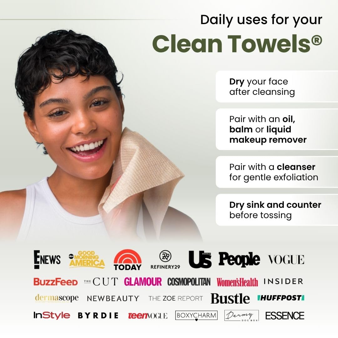 Hand holding CLEAN SKIN CLUB towel demonstrating gentle application
