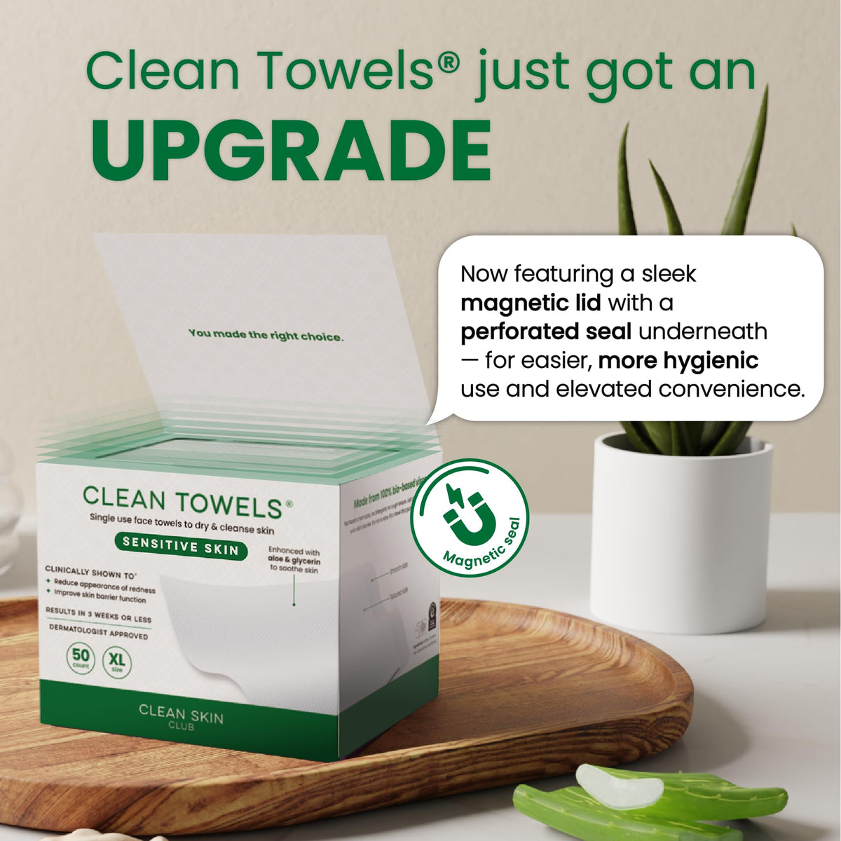 CLEAN SKIN CLUB two stacked boxes, conveys quantity and easy storage