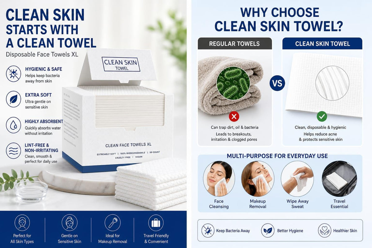 Clean Skin Towel removing makeup from face showing gentle lint-free finish