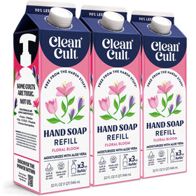 Cleancult front packaging showing three floral bloom refills and eco benefit
