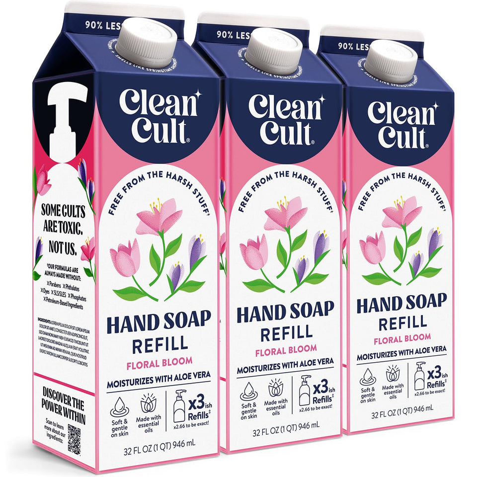 Cleancult front packaging showing three floral bloom refills and eco benefit