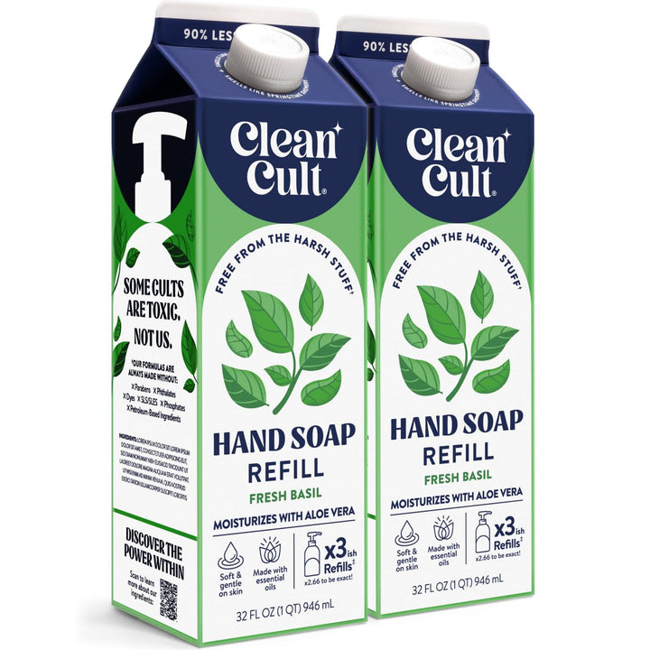 Cleancult front carton showing fresh basil refill and eco benefit