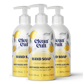 Cleancult front packaging showing elegant aluminum bottle and refill, highlights sustainability