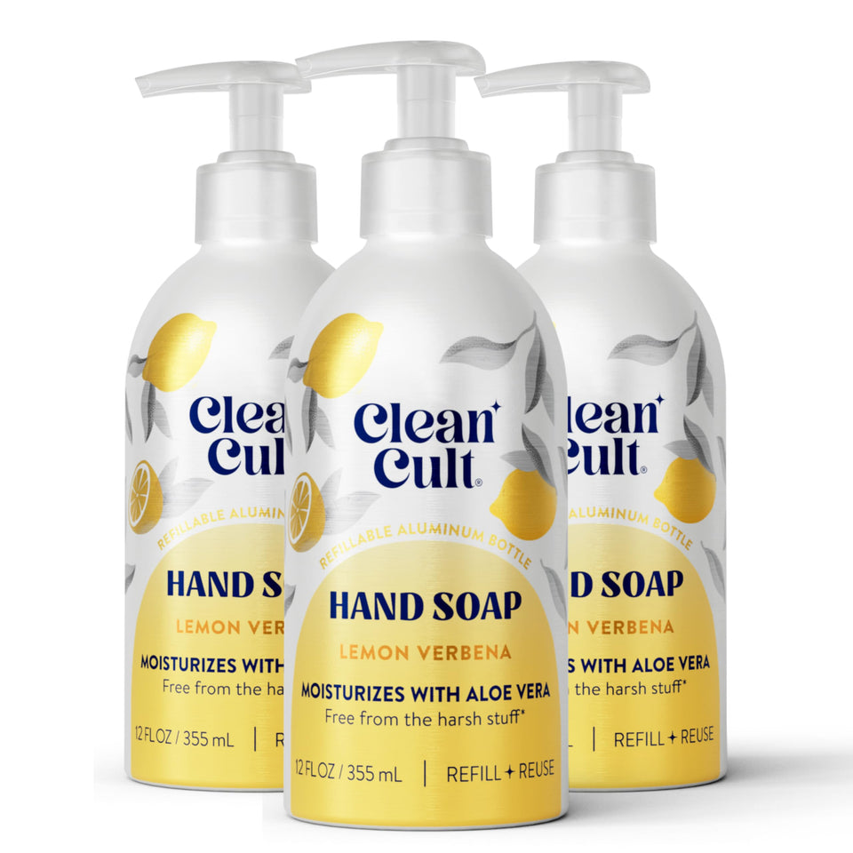 Cleancult front packaging showing elegant aluminum bottle and refill, highlights sustainability
