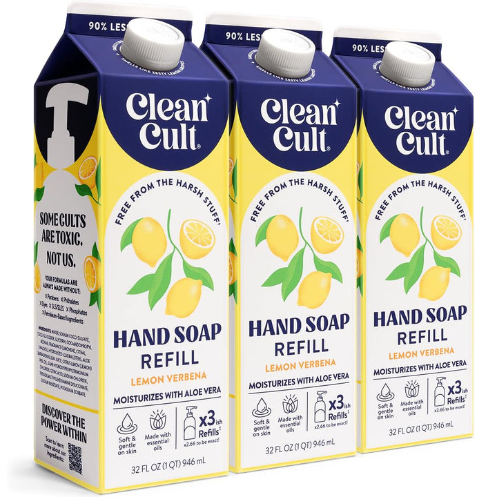 Cleancult front packaging showing 32 oz lemon verbena refill and eco benefits