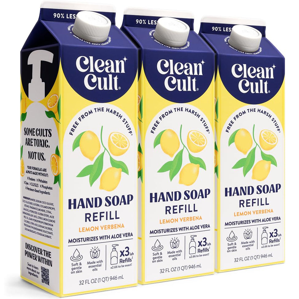 Cleancult front packaging showing 32 oz lemon verbena refill and eco benefits
