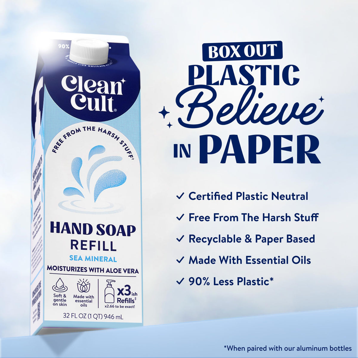 Cleancult closeup of pouch label highlighting ingredients and safety