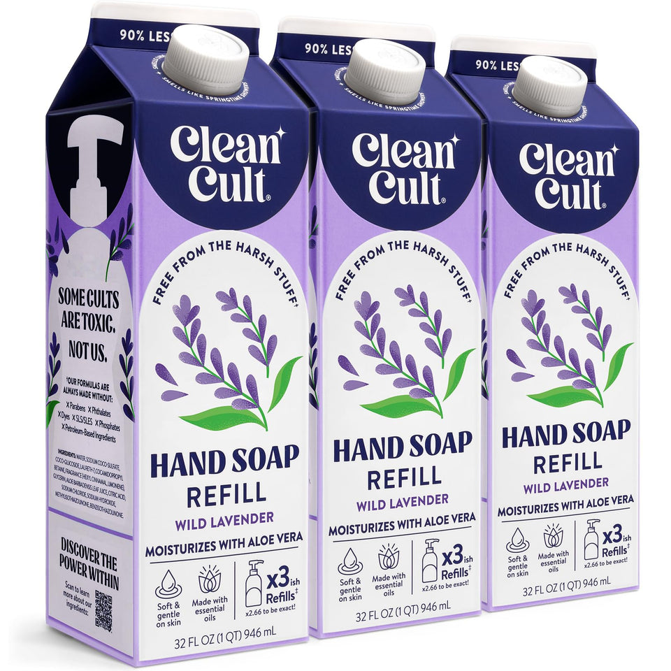 Cleancult front packaging showing three 32 oz wild lavender refill pouches and eco benefits