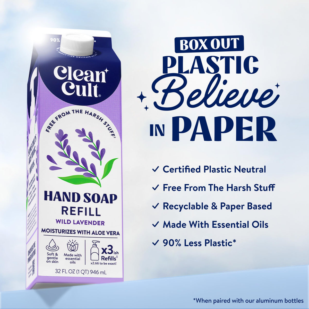 Cleancult paper-based pouch detail highlighting recyclable design and space-saving benefits
