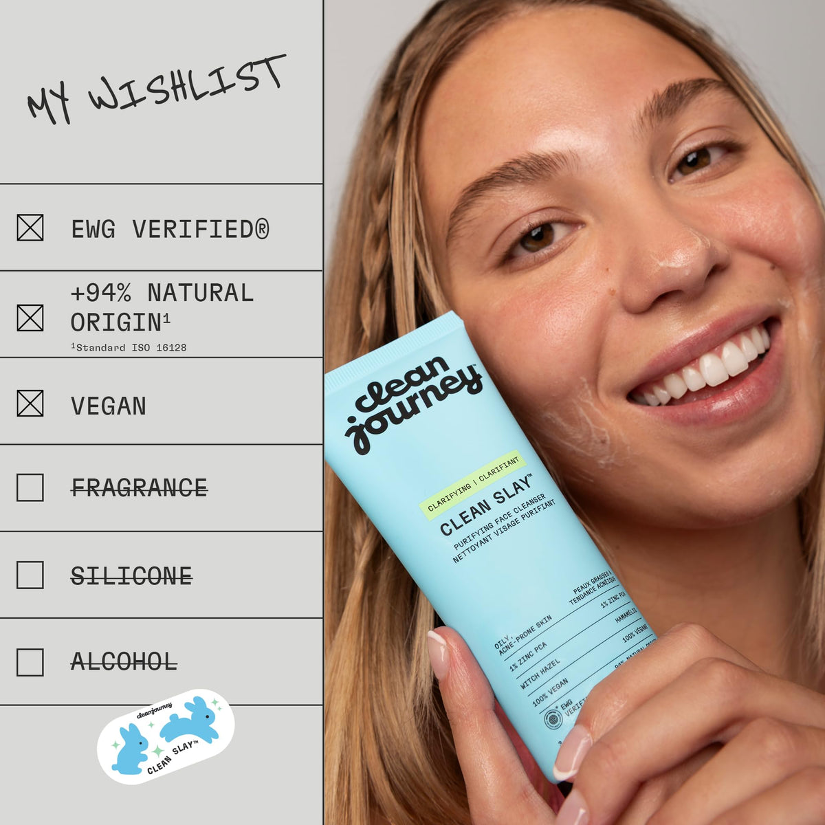 cleanjourney ingredient label with zinc pca visible for clarifying benefit