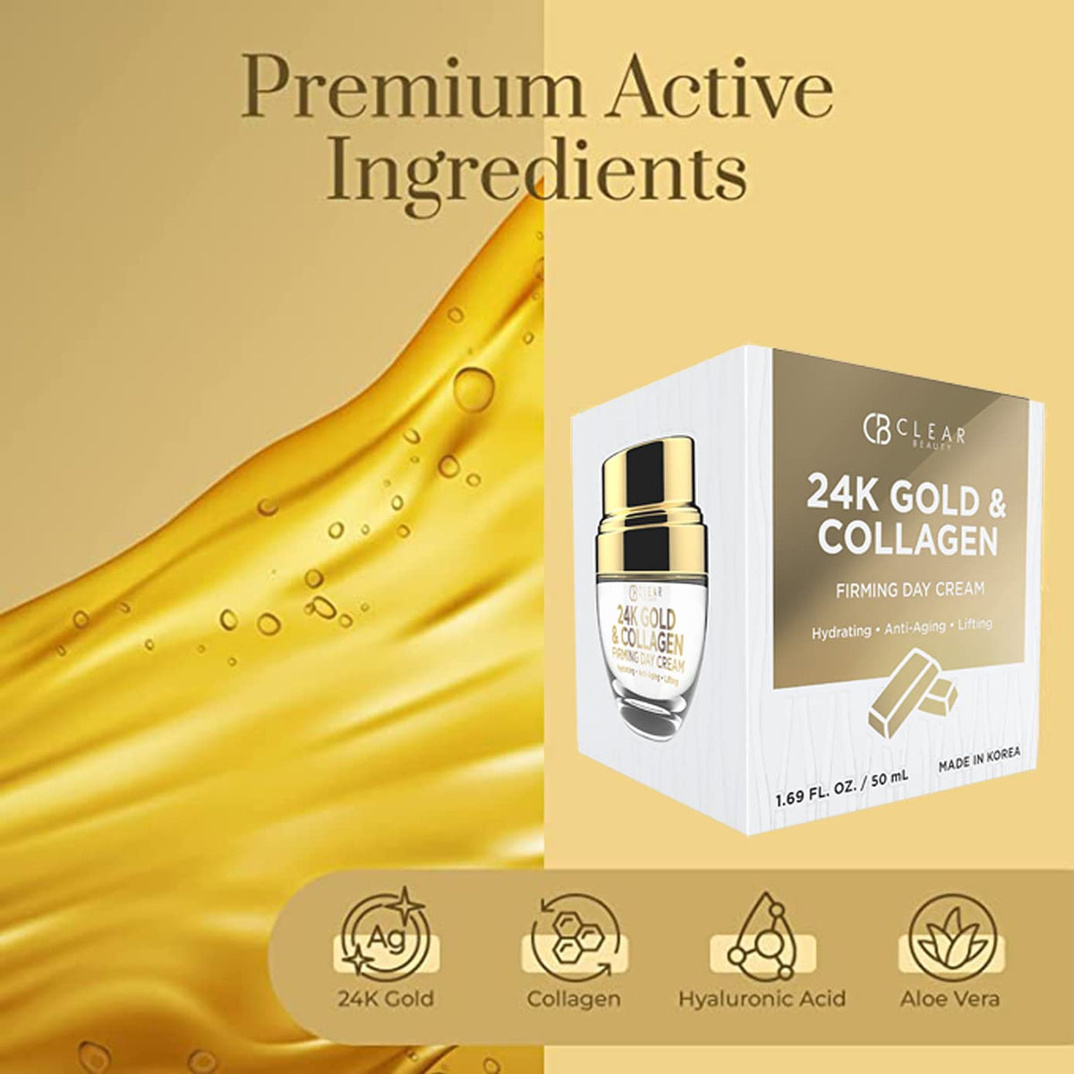 Clear Beauty closeup of 24K gold flakes offering antioxidant comfort