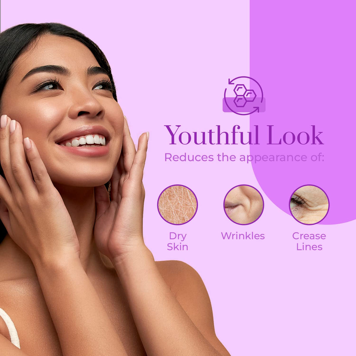 Clear Beauty product applied on cheek showing smoothing and plumping benefit