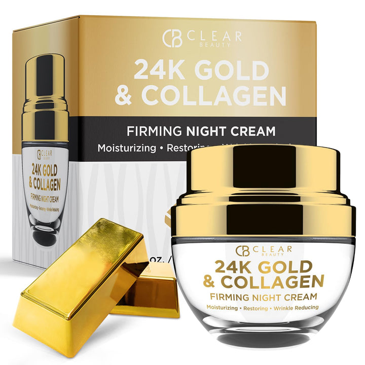 Clear Beauty front packaging of 24K Gold & Collagen night cream showing brand benefit