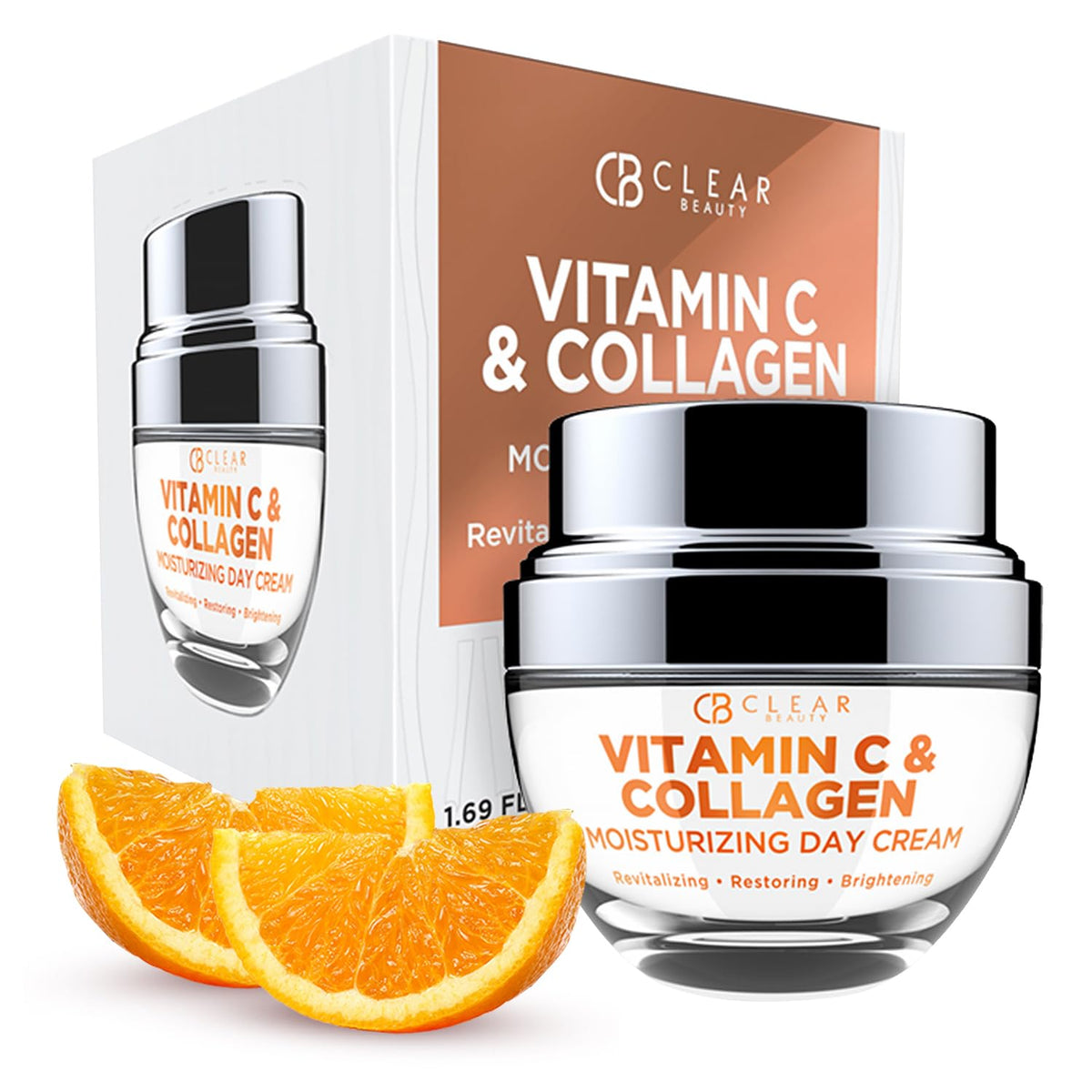 Clear Beauty front packaging showing jar and label, evens skin tone benefit
