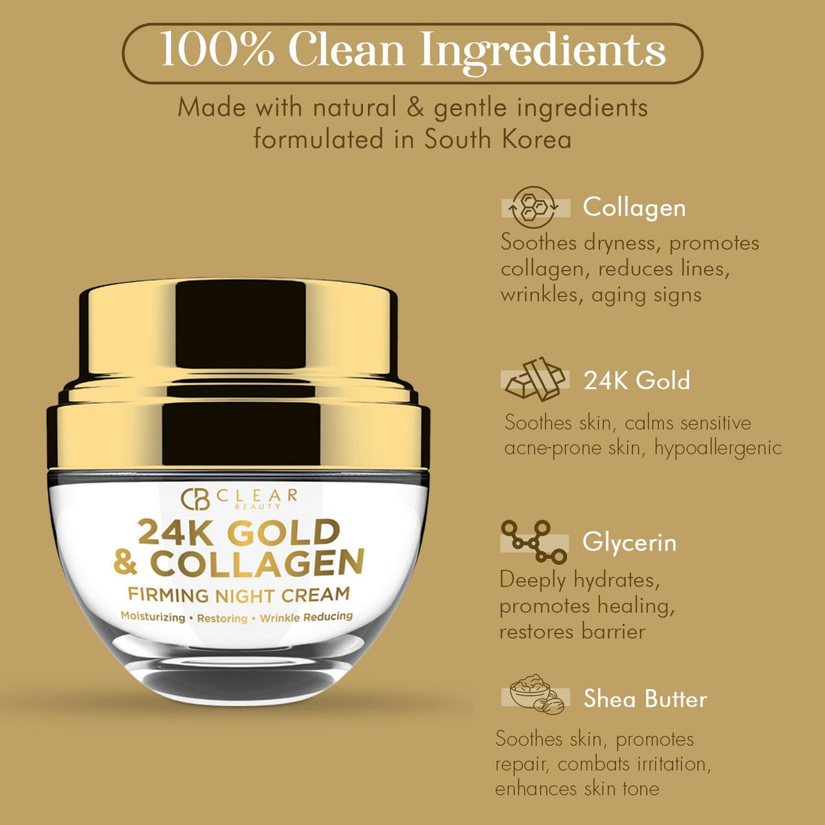 Clear Beauty cream with visible 24K gold particles highlighting luminous effect