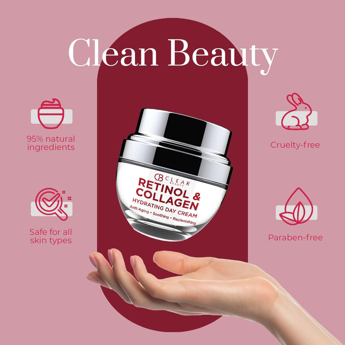 Clear Beauty next to coin showing compact 1.69 fl oz travel-friendly size