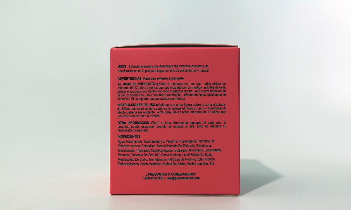 Clear Essence packaging side label emphasizing medicated fade formula benefits