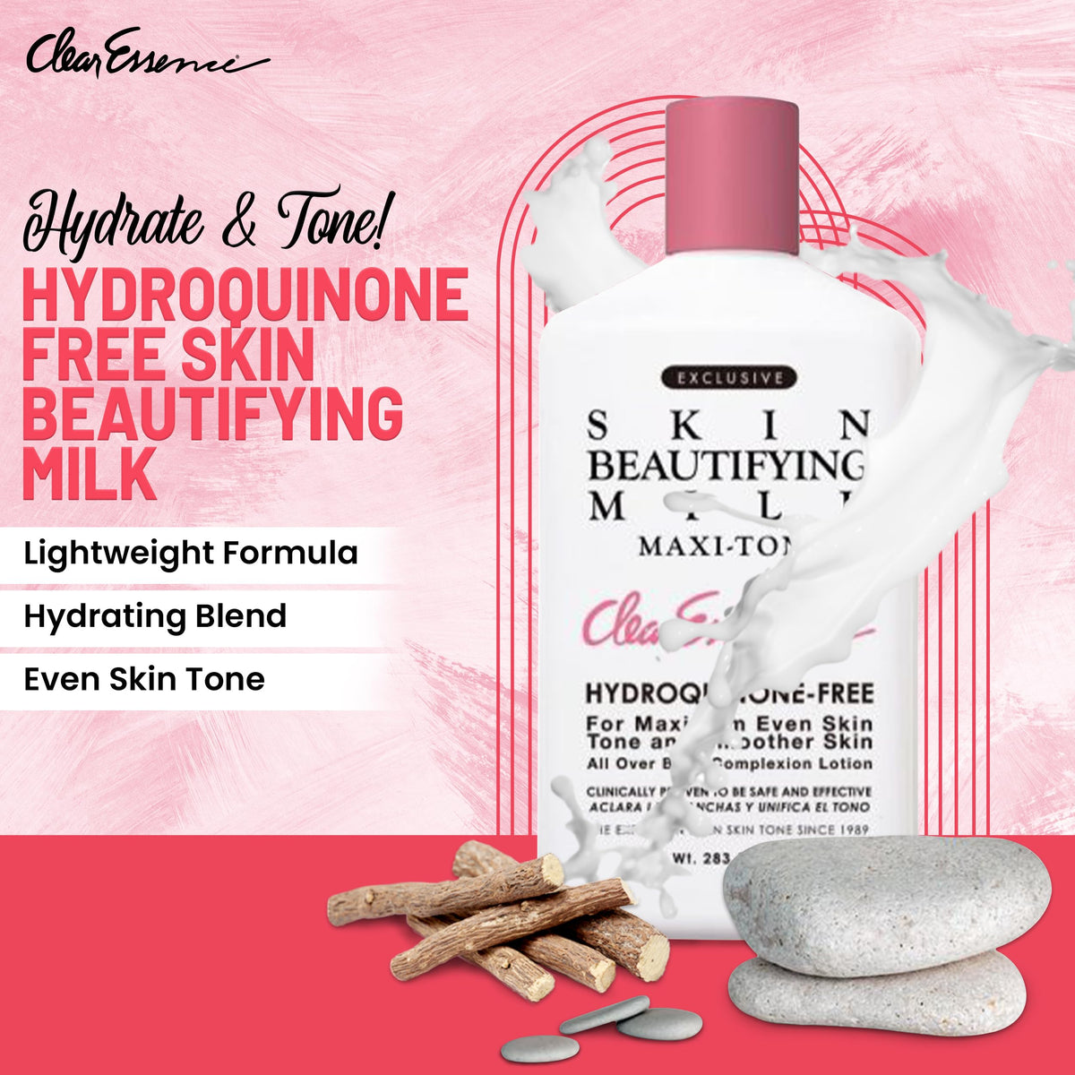 Clear Essence lotion texture closeup pouring from bottle to show creamy hydration